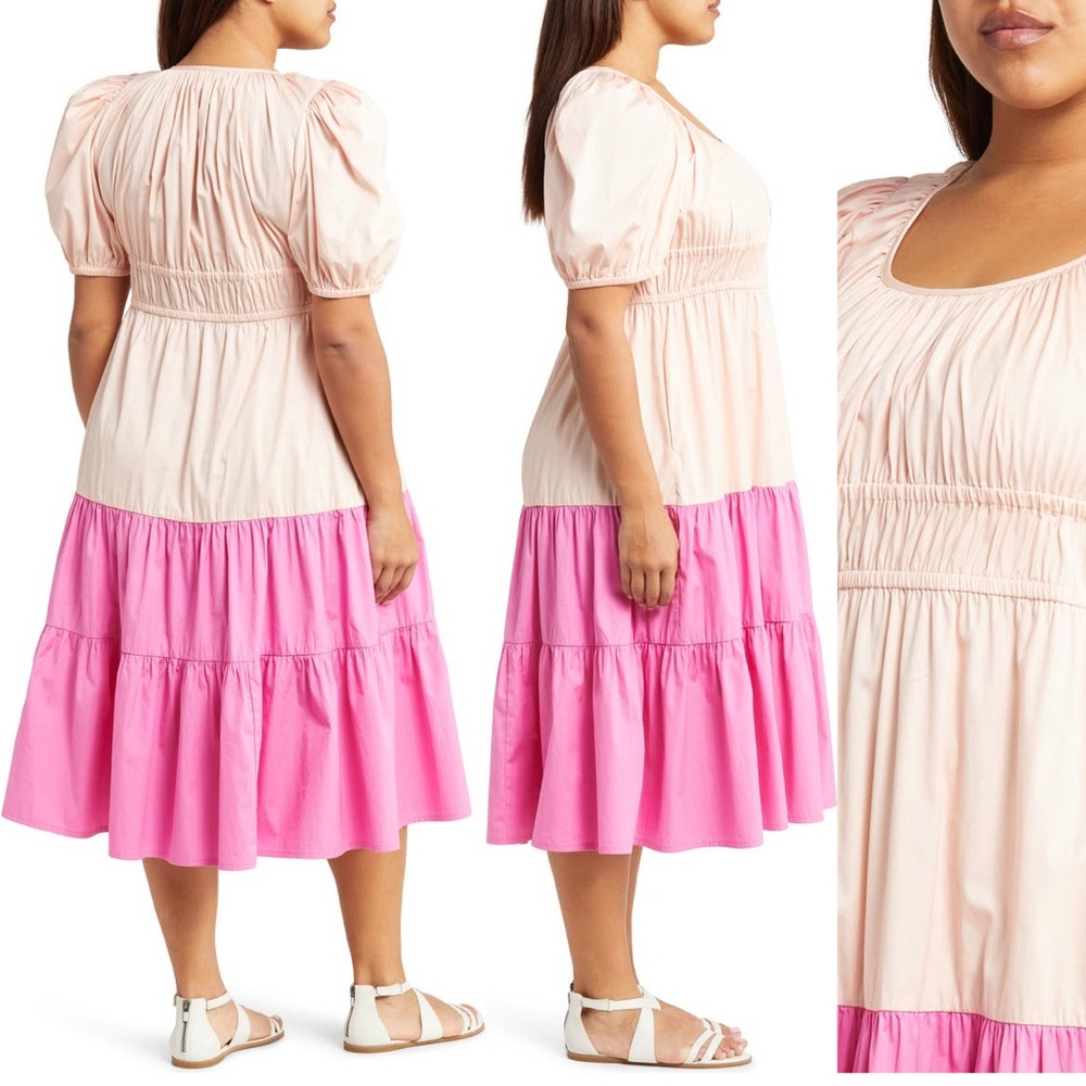 COLORBLOCK COTTON POPLIN MIDI DRESS IN PINK CHINTZ- PINK WILDFLOWER